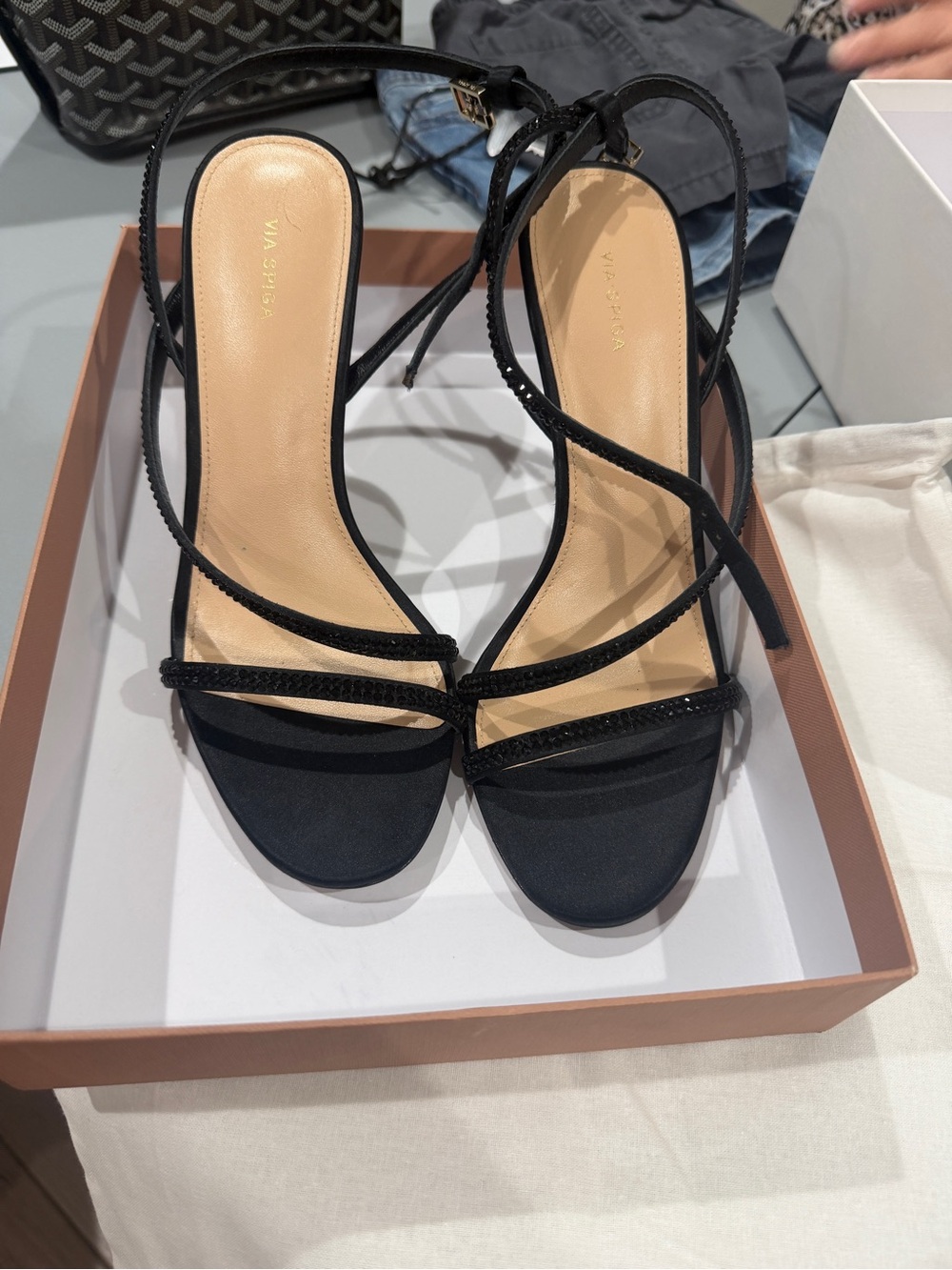 Via Spiga Black Strappy Ankle-Tie Sandals with Thin Wrap Straps